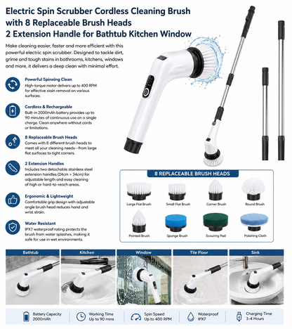 Electric Spin Scrubber Cordless Cleaning Brush with 8 Replaceable Brush Heads 2 Extension Handle for Bathtub Kitchen Window